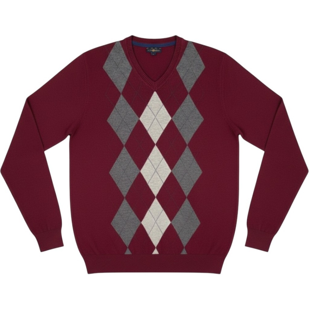 Club Room Mens XL Burgundy Red Argyle V-Neck Cotton Knit Sweater Long Sleeve‎